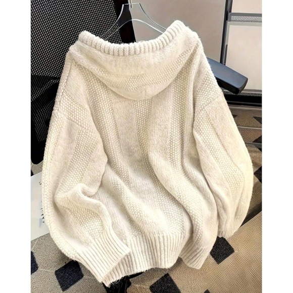 Womens Cream Chunky Knit Hoodie Oversized Henley Button Sweater Off White - Picture 2 of 4